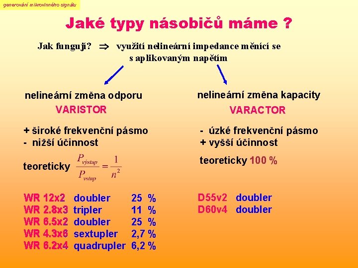 generování mikrovlnného signálu Jaké typy násobičů máme ? Jak fungují? využití nelineární impedance měnící generování mikrovlnného signálu Jaké typy násobičů máme ? Jak fungují? využití nelineární impedance měnící