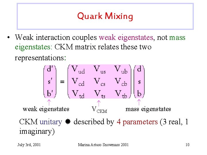 Quark Mixing • Weak interaction couples weak eigenstates, not mass eigenstates: CKM matrix relates
