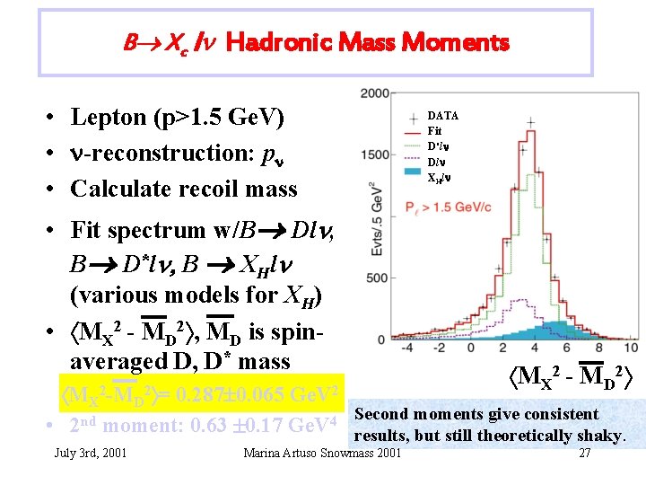 B Xc ln Hadronic Mass Moments • Lepton (p>1. 5 Ge. V) • -reconstruction: