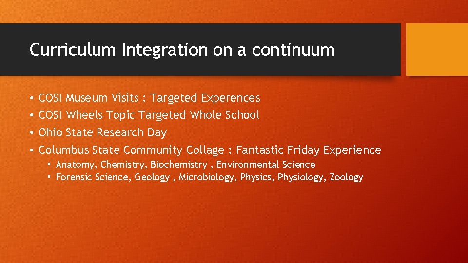 Curriculum Integration on a continuum • • COSI Museum Visits : Targeted Experences COSI