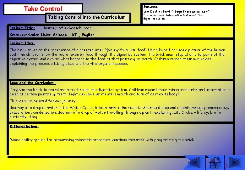 Take Control Taking Control into the Curriculum Project Title: Resources: Lego Kit (Pilot Level
