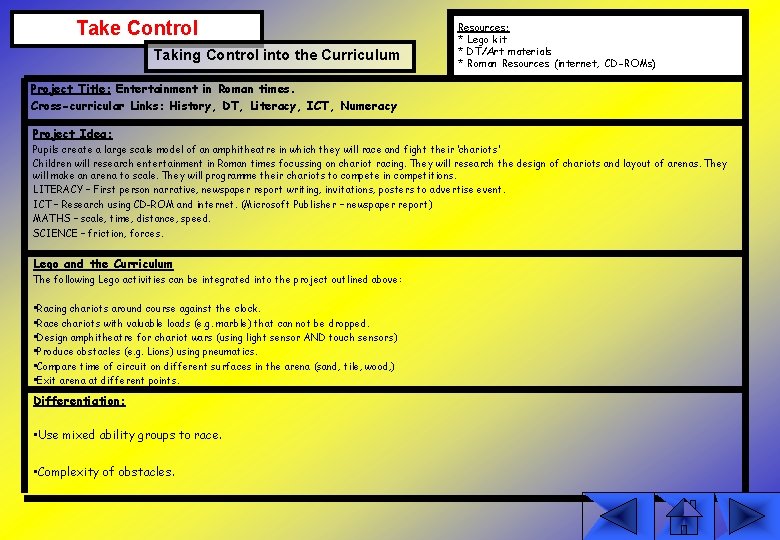 Take Control Taking Control into the Curriculum Resources: * Lego kit * DT/Art materials