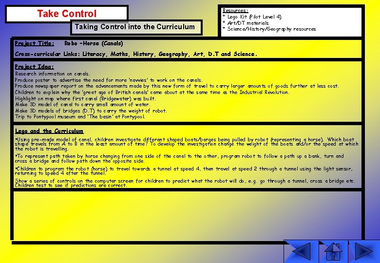 Take Control Taking Control into the Curriculum Project Title: Resources: * Lego Kit (Pilot