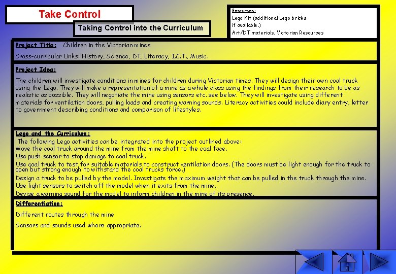 Take Control Taking Control into the Curriculum Project Title: Resources: Lego Kit (additional Lego