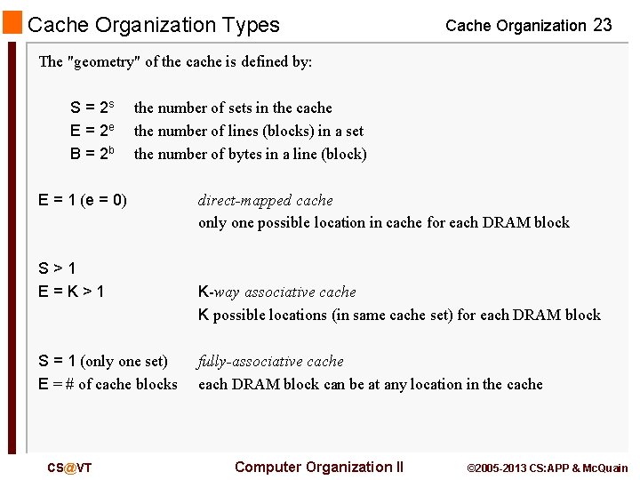 Cache Organization Types Cache Organization 23 The "geometry" of the cache is defined by: