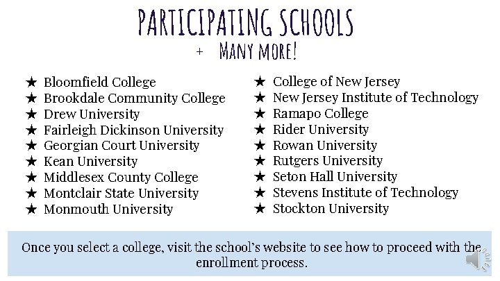 PARTICIPATING SCHOOLS + Many more! ★ ★ ★ ★ ★ Bloomfield College Brookdale Community