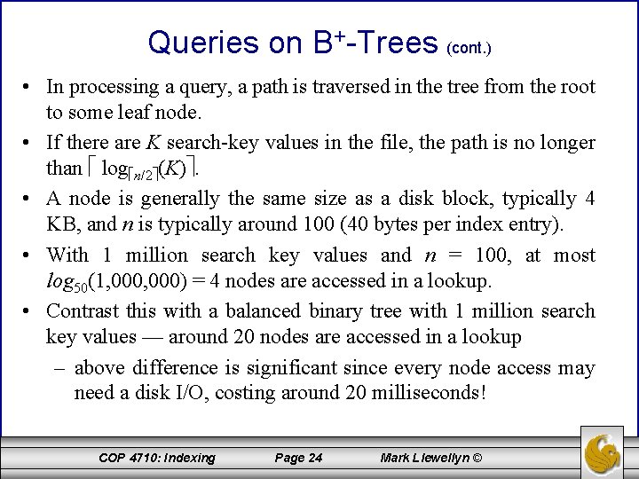 Queries on B+-Trees (cont. ) • In processing a query, a path is traversed
