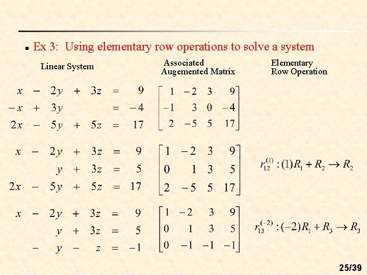 n Ex 3: Using elementary row operations to solve a system Linear System Associated