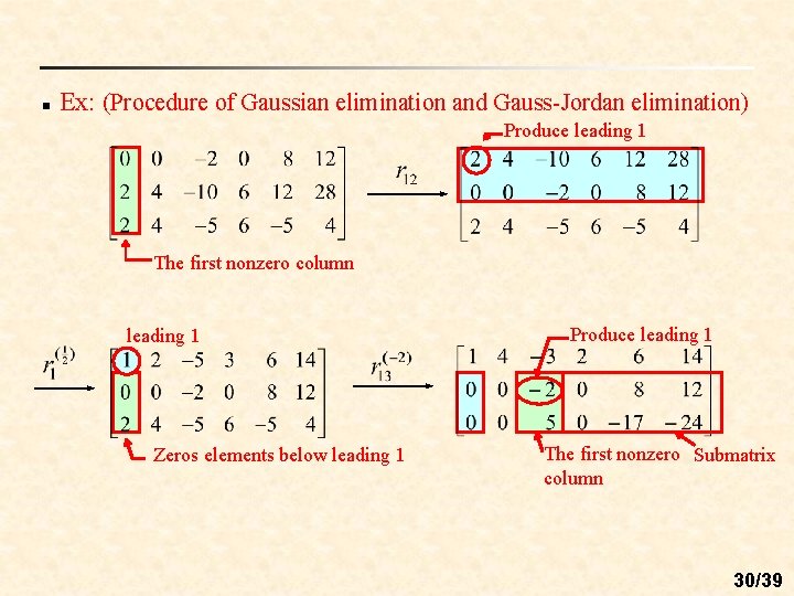 n Ex: (Procedure of Gaussian elimination and Gauss-Jordan elimination) Produce leading 1 The first