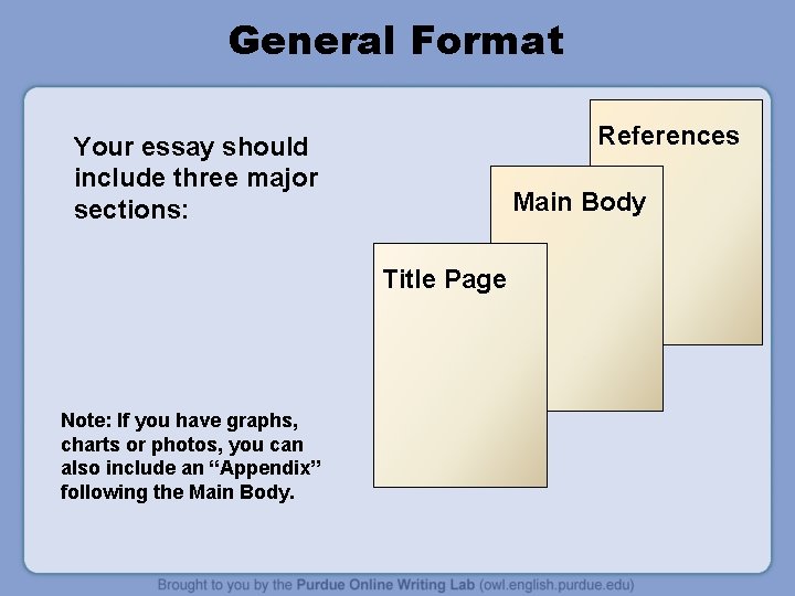 General Format References Your essay should include three major sections: Main Body Title Page