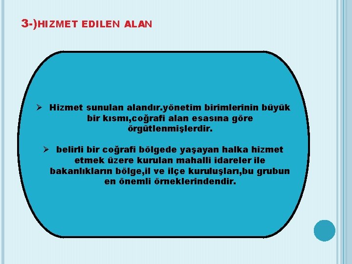 3 -)HIZMET EDILEN ALAN Hizmet sunulan alandır. yönetim birimlerinin büyük bir kısmı, coğrafi alan