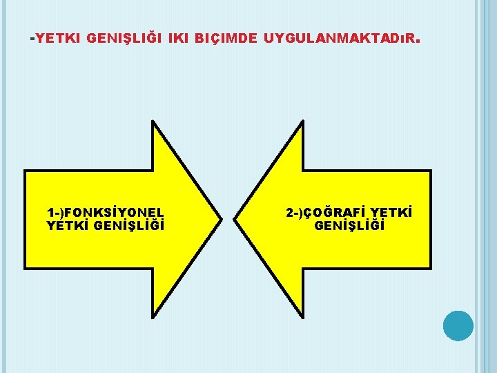 -YETKI GENIŞLIĞI IKI BIÇIMDE UYGULANMAKTADıR. 1 -)FONKSİYONEL YETKİ GENİŞLİĞİ 2 -)ÇOĞRAFİ YETKİ GENİŞLİĞİ 