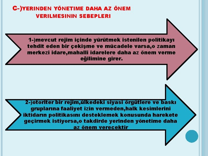 C-)YERINDEN YÖNETIME DAHA AZ ÖNEM VERILMESININ SEBEPLERI 1 -)mevcut rejim içinde yürütmek istenilen politikayı