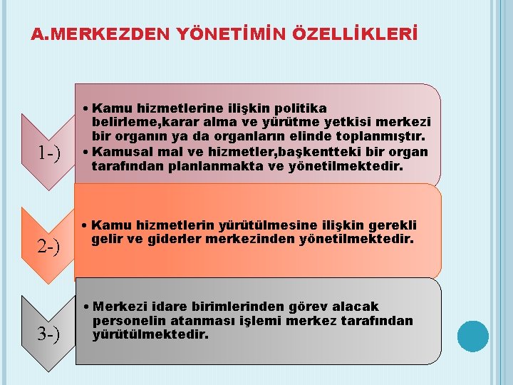 A. MERKEZDEN YÖNETİMİN ÖZELLİKLERİ 1 -) 2 -) 3 -) • Kamu hizmetlerine ilişkin