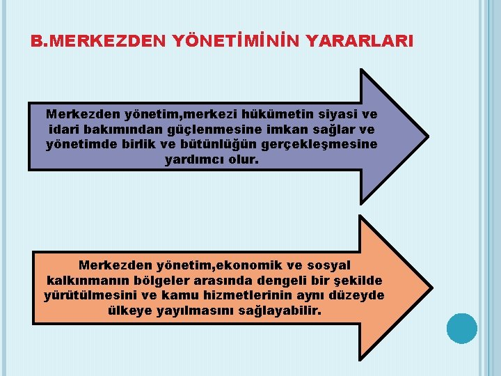 B. MERKEZDEN YÖNETİMİNİN YARARLARI Merkezden yönetim, merkezi hükümetin siyasi ve idari bakımından güçlenmesine imkan