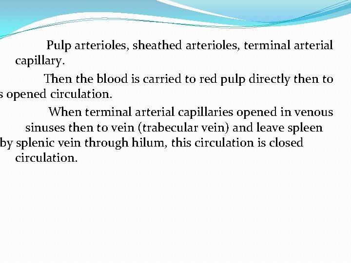 Pulp arterioles, sheathed arterioles, terminal arterial capillary. Then the blood is carried to red Pulp arterioles, sheathed arterioles, terminal arterial capillary. Then the blood is carried to red