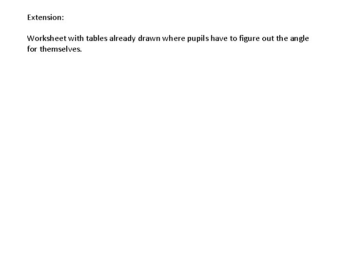 Extension: Worksheet with tables already drawn where pupils have to figure out the angle Extension: Worksheet with tables already drawn where pupils have to figure out the angle