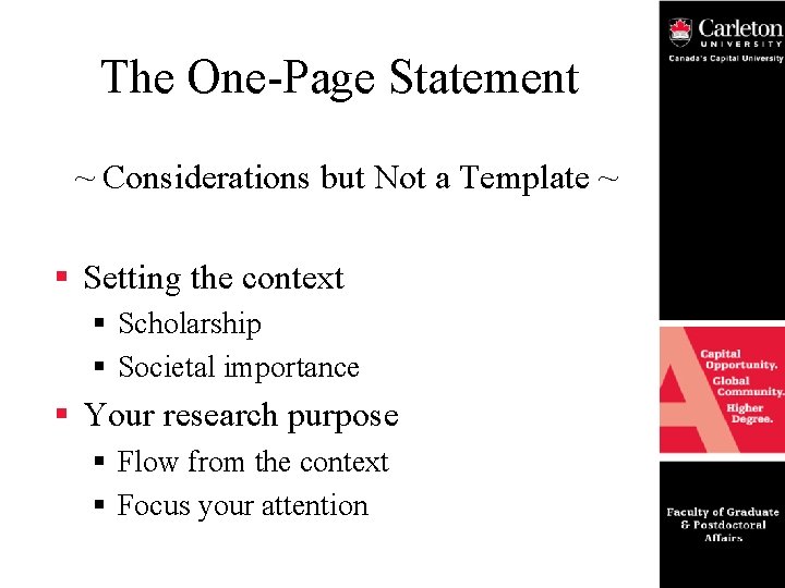 The One-Page Statement ~ Considerations but Not a Template ~ § Setting the context