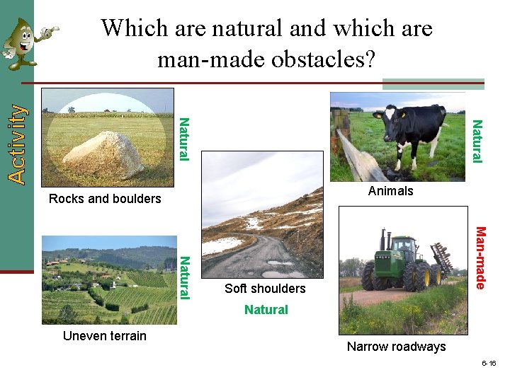 Natural Activity Which are natural and which are man-made obstacles? Animals Rocks and boulders