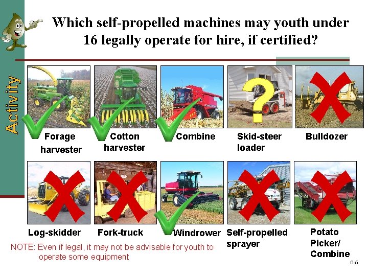 Activity Which self-propelled machines may youth under 16 legally operate for hire, if certified?