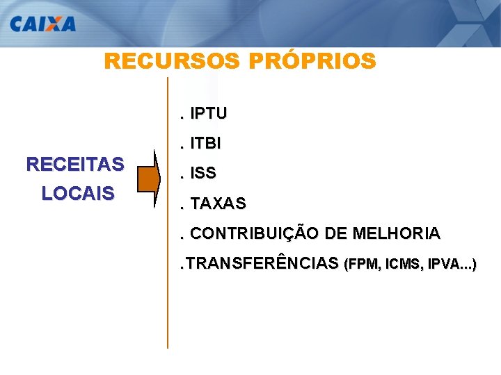 RECURSOS PRÓPRIOS. IPTU. ITBI RECEITAS LOCAIS . ISS. TAXAS. CONTRIBUIÇÃO DE MELHORIA. TRANSFERÊNCIAS (FPM,