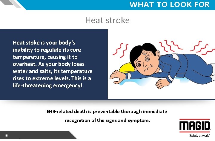 WHAT TO LOOK FOR Heat stroke Heat stoke is your body’s inability to regulate