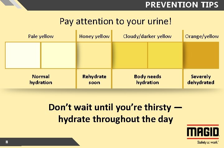 PREVENTION TIPS Pay attention to your urine! Pale yellow Honey yellow Cloudy/darker yellow Orange/yellow