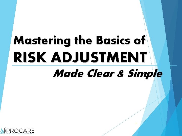 Mastering the Basics of RISK ADJUSTMENT Made Clear & Simple 1 