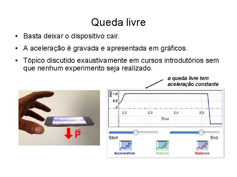 Queda livre • Basta deixar o dispositivo cair. • A aceleração é gravada e