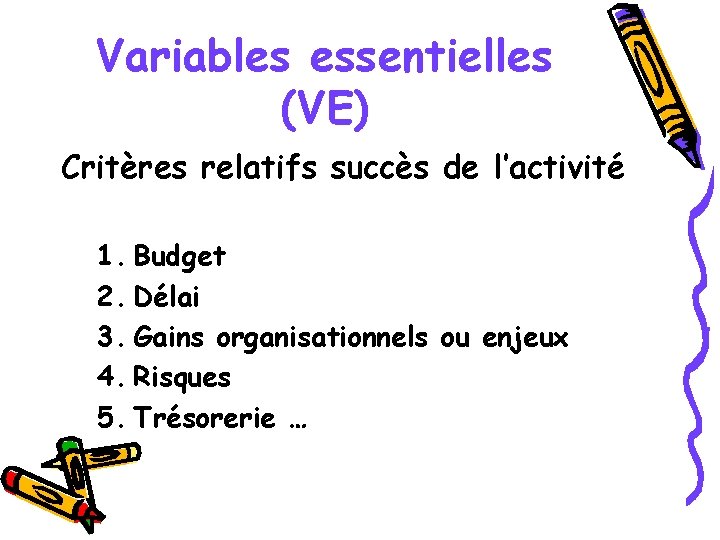 Variables essentielles (VE) Critères relatifs succès de l’activité 1. Budget 2. Délai 3. Gains