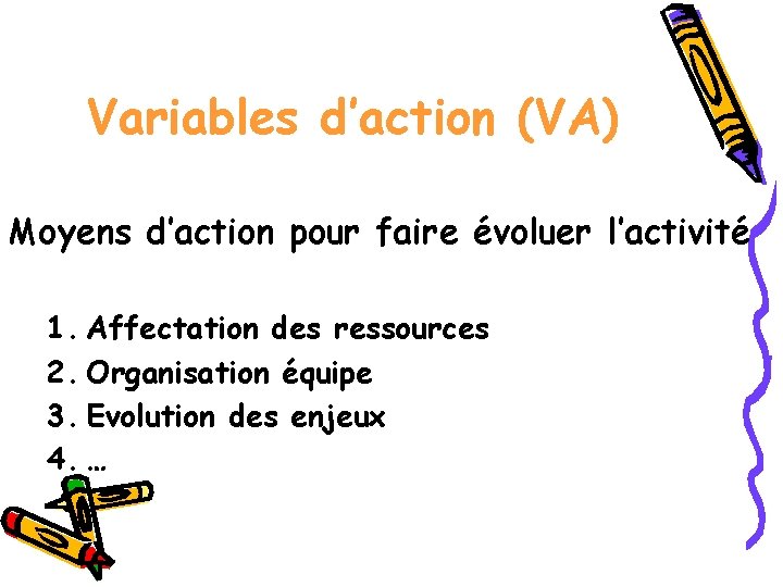 Variables d’action (VA) Moyens d’action pour faire évoluer l’activité 1. Affectation des ressources 2.