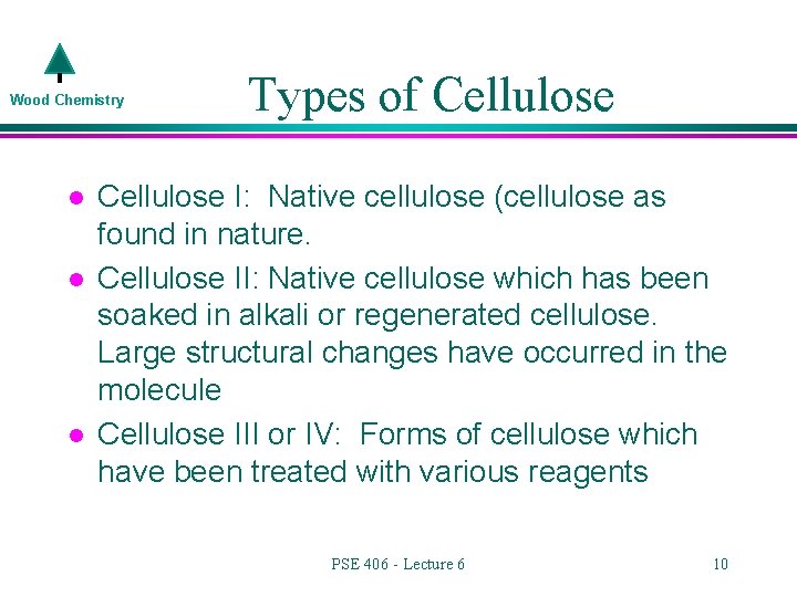 Wood Chemistry l l l Types of Cellulose I: Native cellulose (cellulose as found