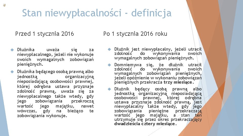 Stan niewypłacalności - definicja Przed 1 stycznia 2016 Dłużnika uważa się za niewypłacalnego, jeżeli