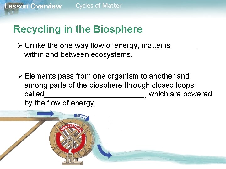 Lesson Overview Cycles of Matter Recycling in the Biosphere Ø Unlike the one-way flow