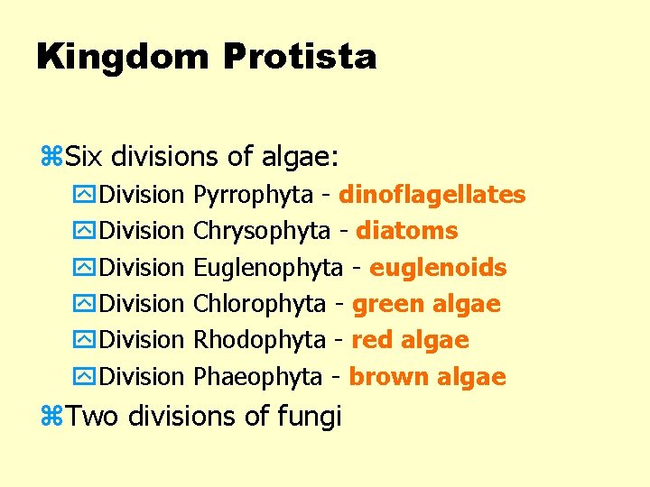 Kingdom Protista z. Six divisions of algae: y. Division Pyrrophyta - dinoflagellates Chrysophyta -