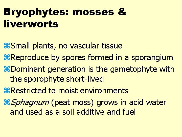 Bryophytes: mosses & liverworts z. Small plants, no vascular tissue z. Reproduce by spores