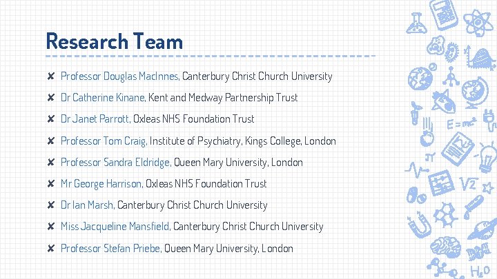 Research Team ✘ Professor Douglas Mac. Innes, Canterbury Christ Church University ✘ Dr Catherine