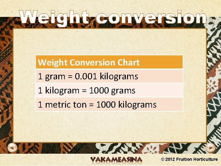 Weight conversion Weight Conversion Chart 1 gram = 0. 001 kilograms 1 kilogram =