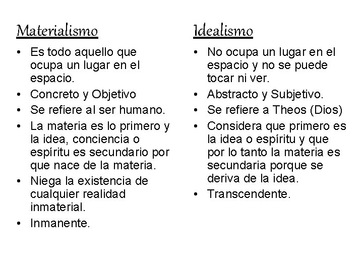 Materialismo Idealismo • Es todo aquello que ocupa un lugar en el espacio. •