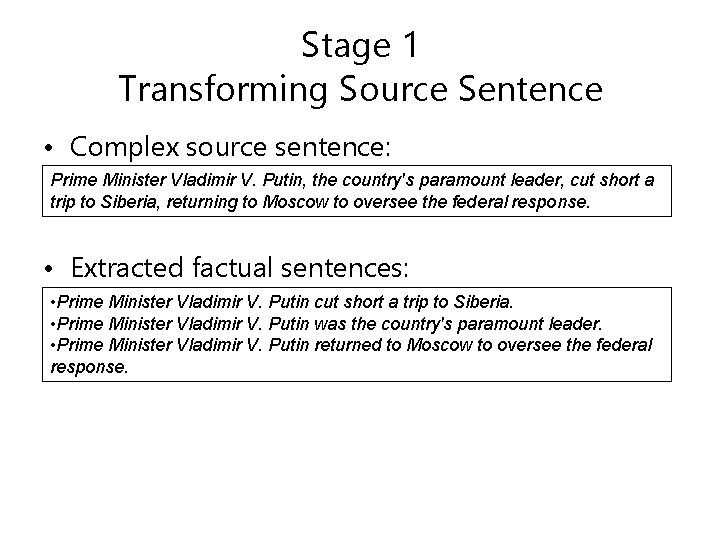 Stage 1 Transforming Source Sentence • Complex source sentence: Prime Minister Vladimir V. Putin,