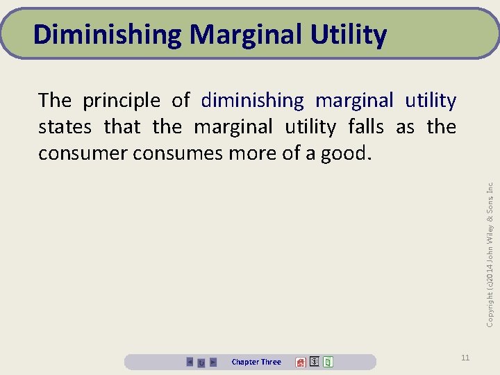 Diminishing Marginal Utility Copyright (c)2014 John Wiley & Sons, Inc. The principle of diminishing