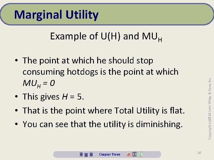 Marginal Utility Example of U(H) and MUH Chapter Three Copyright (c)2014 John Wiley &