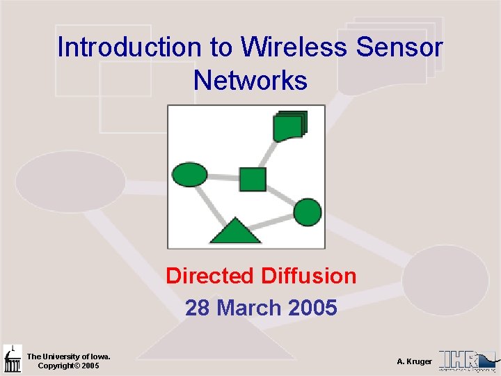 Introduction to Wireless Sensor Networks Directed Diffusion 28 March 2005 The University of Iowa.