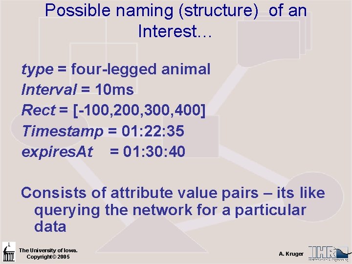 Possible naming (structure) of an Interest… type = four-legged animal Interval = 10 ms