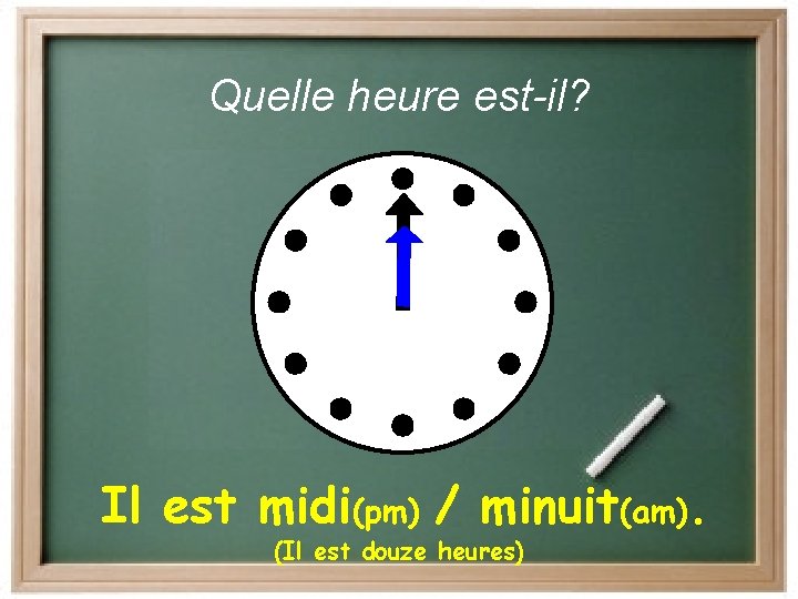 Quelle heure est-il? Il est midi(pm) / minuit(am). (Il est douze heures) 