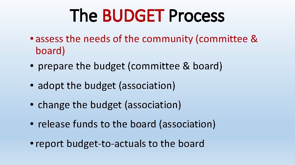 The BUDGET Process • assess the needs of the community (committee & board) •