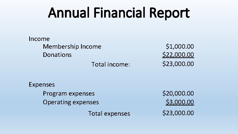 Annual Financial Report Income Membership Income Donations Total income: $1, 000. 00 $22, 000.