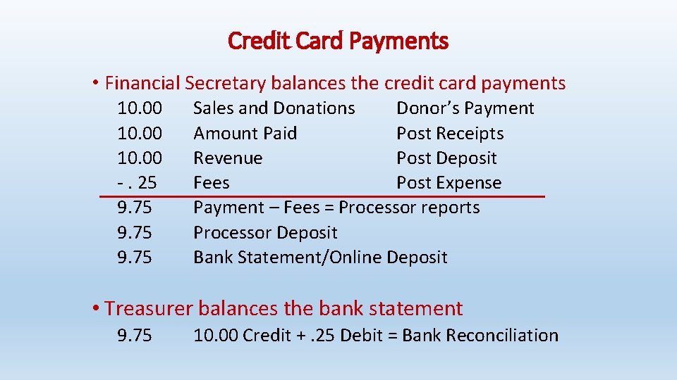 Credit Card Payments • Financial Secretary balances the credit card payments 10. 00 -.