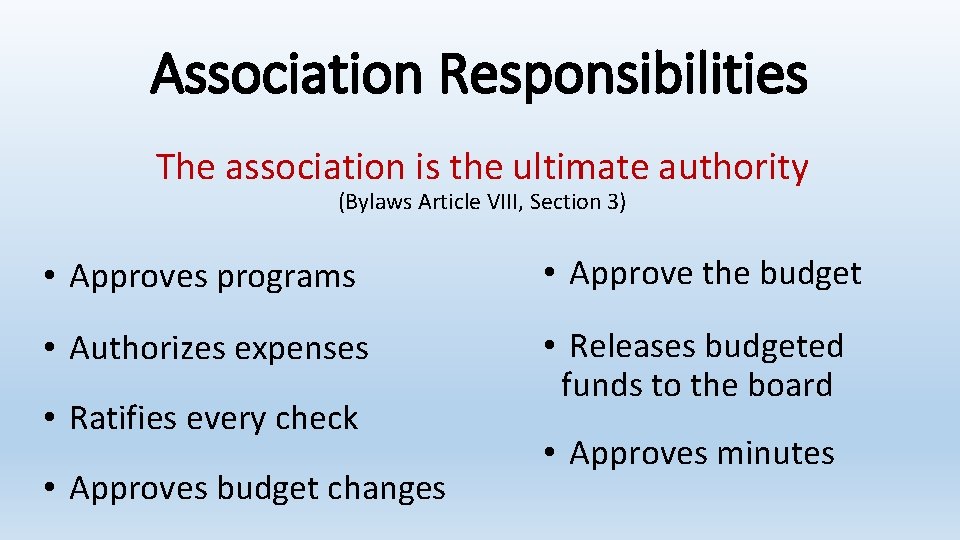 Association Responsibilities The association is the ultimate authority (Bylaws Article VIII, Section 3) •
