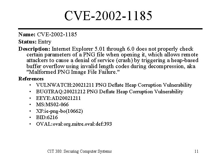 CVE-2002 -1185 Name: CVE-2002 -1185 Status: Entry Description: Internet Explorer 5. 01 through 6.